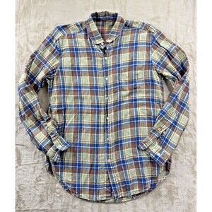 J. McLaughlin Men's Medium Brown/Blue Plaid Linen Button Up Shirt